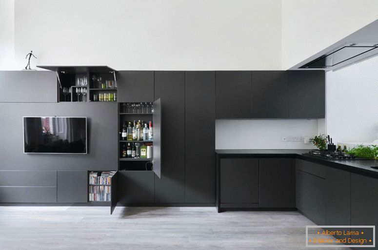 Kitchen corner and media zone in black