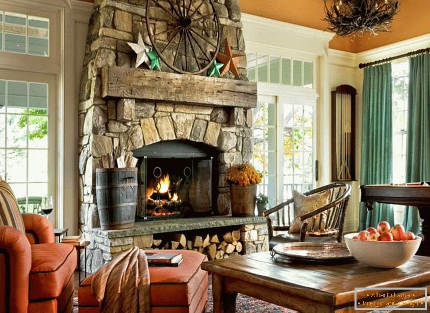 Country style in the interior of the living room with a fireplace