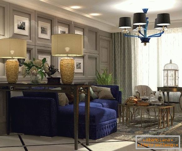 Design of the living room with gold and blue decor