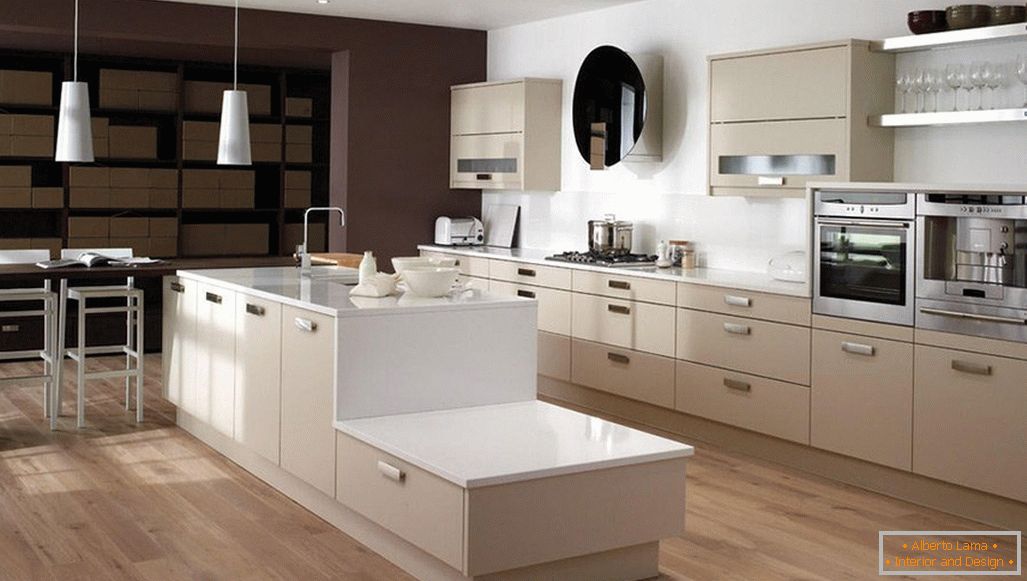 Light walls in the kitchen with cappuccino furniture