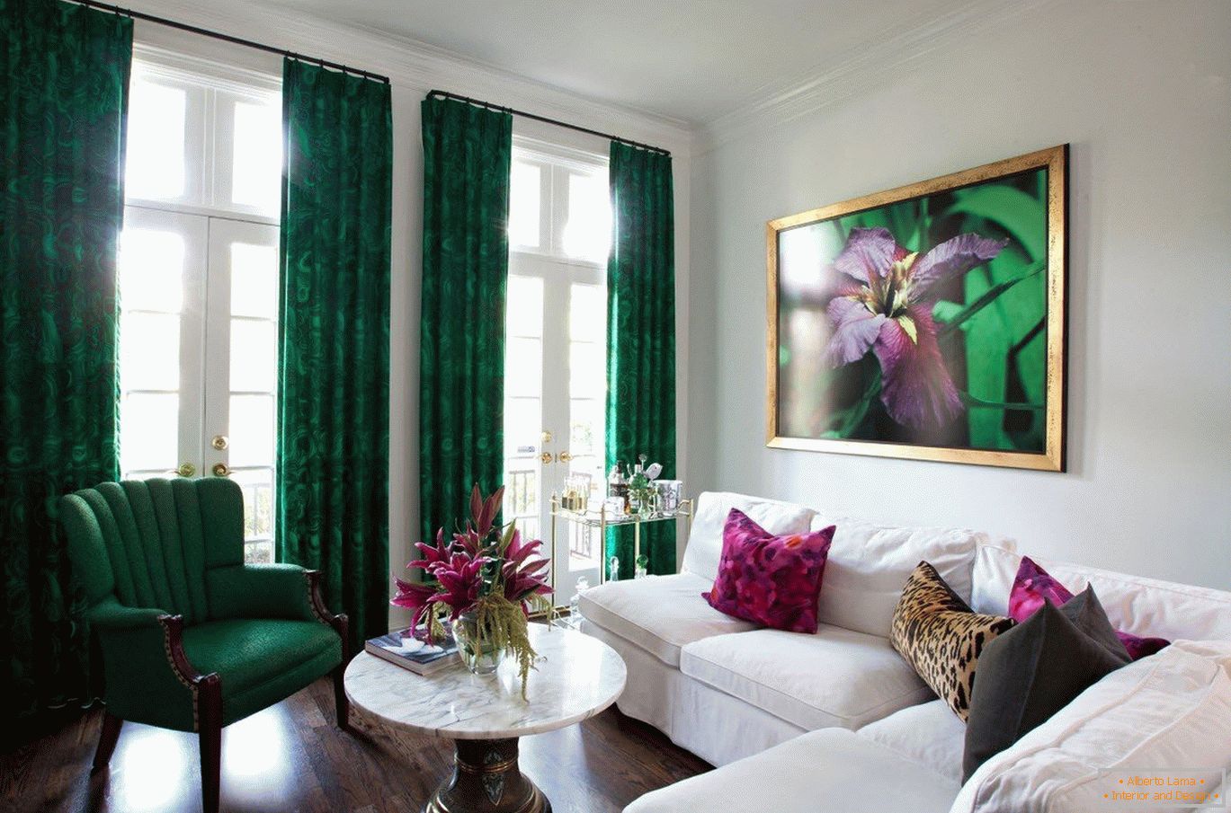 Green accents in a white room
