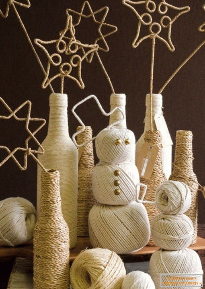 Decoration of bottles of different shapes with twine
