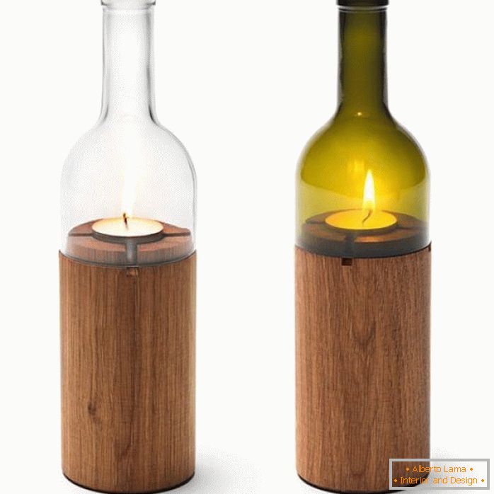 Candlestick made of wood and bottles