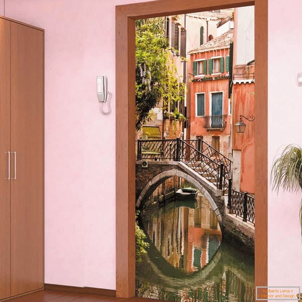 Door covered with wallpaper