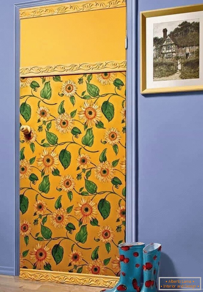 Door covered with wallpaper and baguette