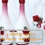 Red and white roses on bottles and glasses