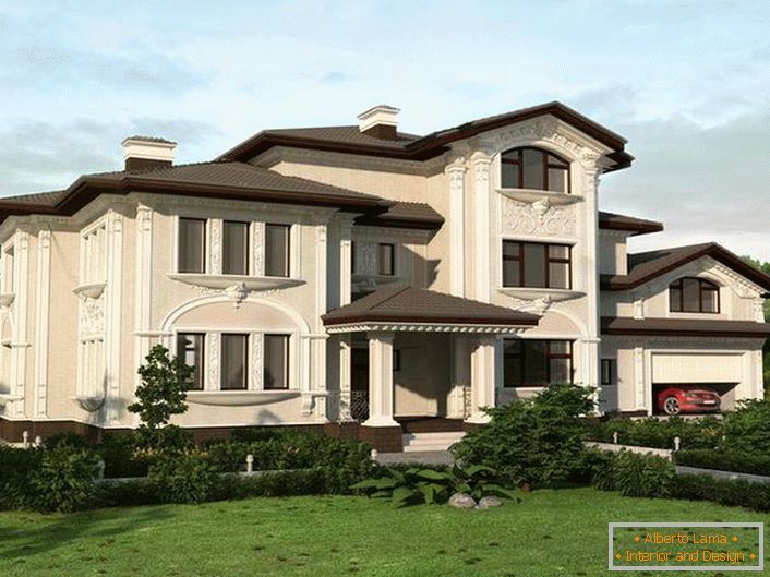 The luxurious country house is decorated with exquisite stucco of white color.
