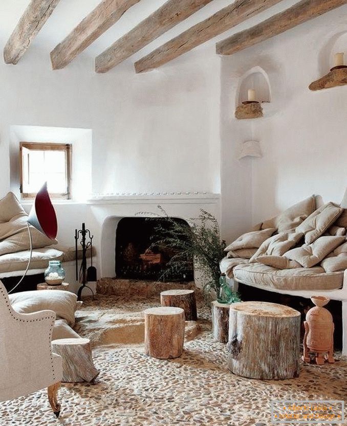 The use of wood in the living room in the style of rusticism