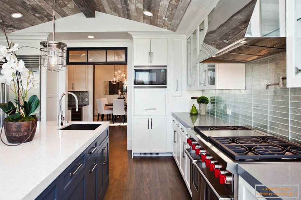 Kitchen with a gray wooden ceiling