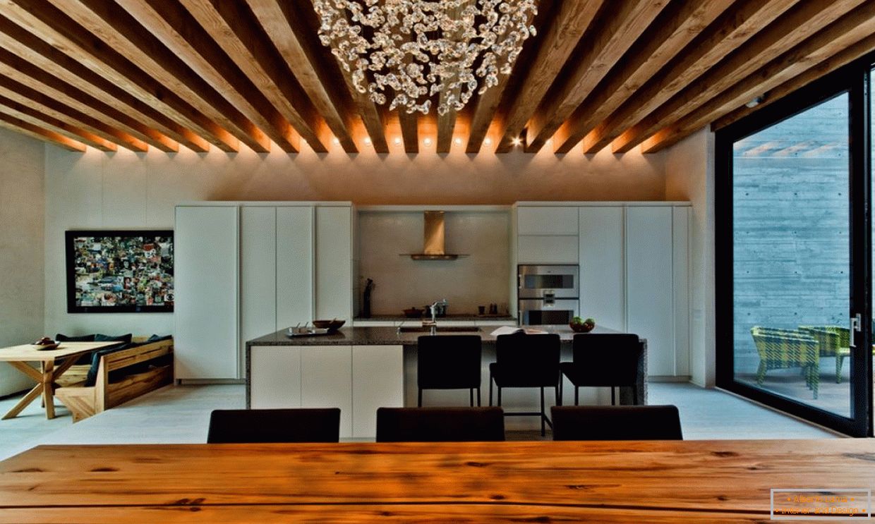 LED lighting on a wooden ceiling