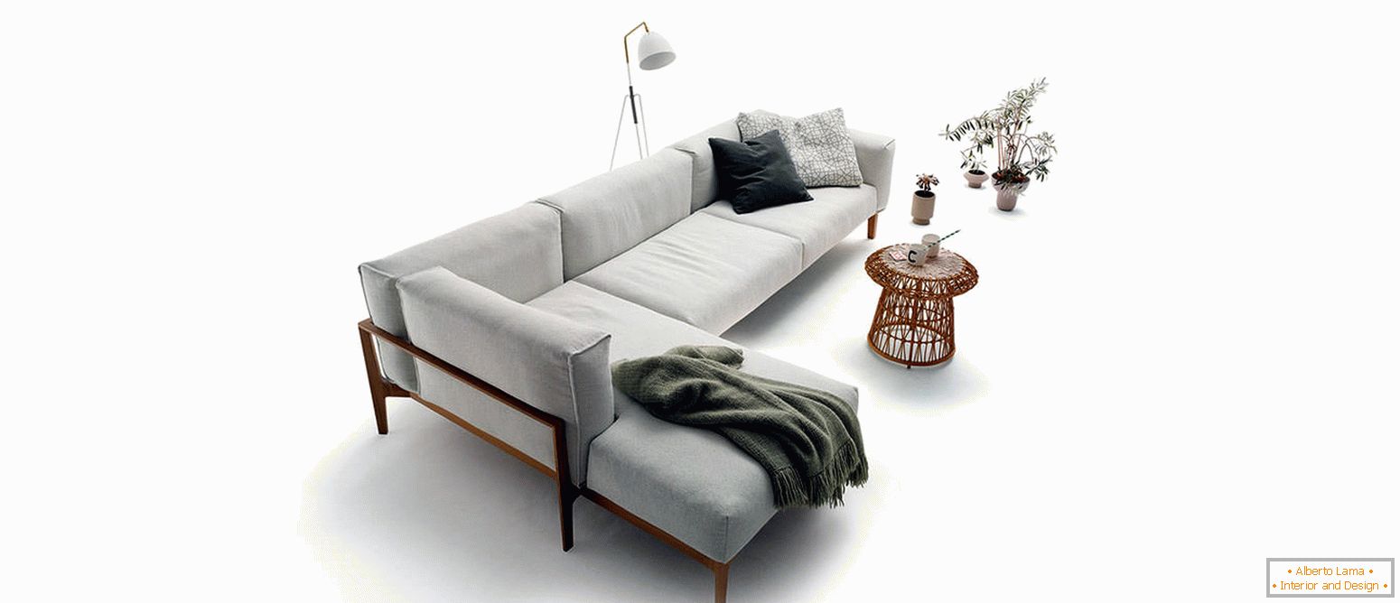 Angular sofa and wicker coffee table
