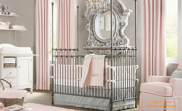 Room in the style of minimalism for the baby. In the interior there are echoes of baroque style, which harmoniously fits into the overall design concept.