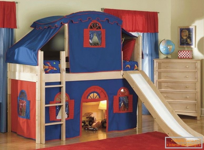 marvelous-cool-kid-beds-with-cream-wooden-bunk-bed-tent-be-equipped-red-blue-fabric-tent-on-the-beds-and-bright-brown-wooden-cabinet-5-drawer-near-window-also-red-fur-rugs-above-wood-floor-with-kids-b