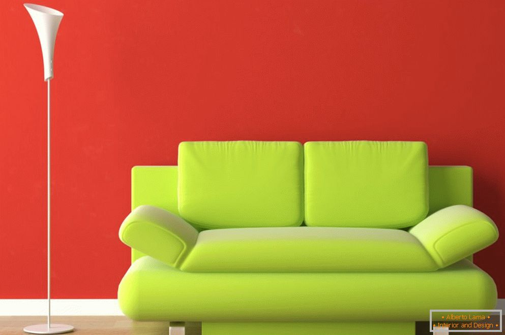 Light green sofa in a red interior