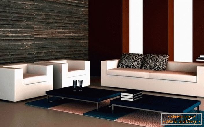 Design project of the living room in high-tech style. A laconic sofa with two armchairs looks harmoniously in a minimalist style. 