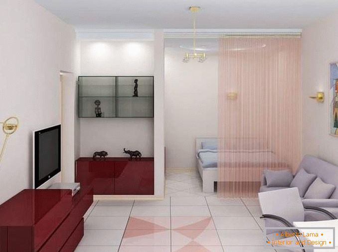 Design of 1 room apartment of Khrushchev with a separate bedroom