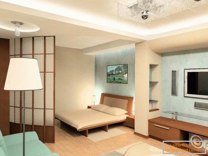 Design of 1 room apartment in Khrushchev - photo of a room with a bed