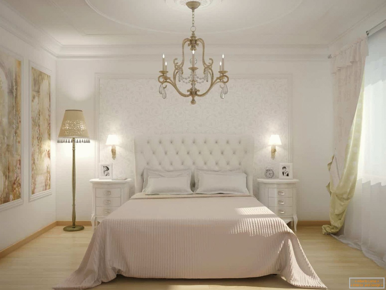 Classic white bedroom with a panel on the wall