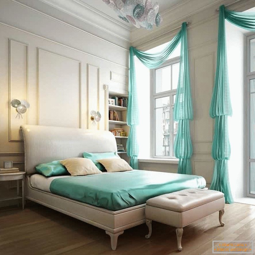 White interior of a classic bedroom can be diluted with colored bed linens and curtains