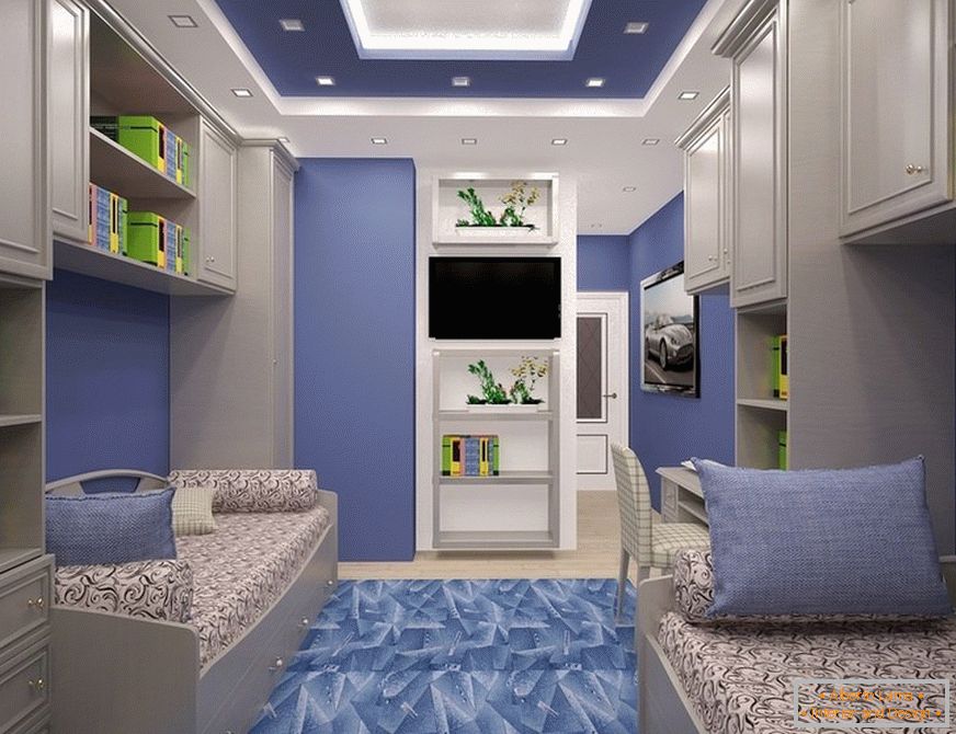 Multi-level ceiling with illumination in the nursery for two boys