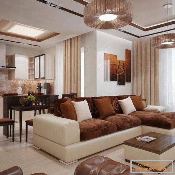 Modern living room design in a private house in white and brown color