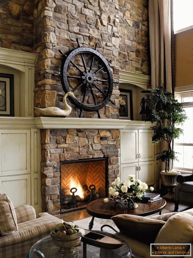 The fireplace is finished with an artificial stone