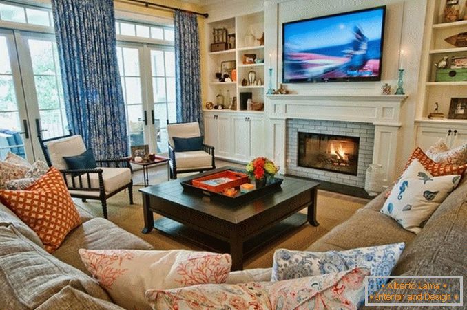 Design of the living room with fireplace and TV