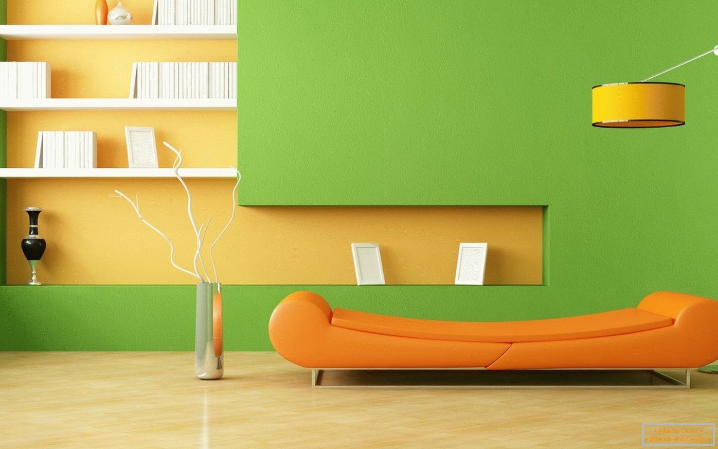 Orange sofa and green walls
