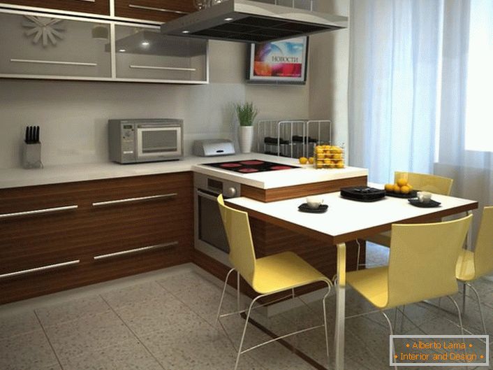 Kitchen in the style of minimalism, nothing superfluous. The dining area is separated by light cream color. The designer is excellent.