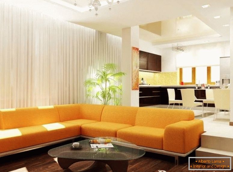 Orange corner sofa in the interior