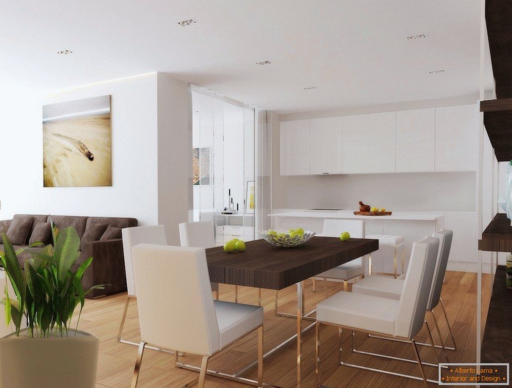 White kitchen and living room with dining area