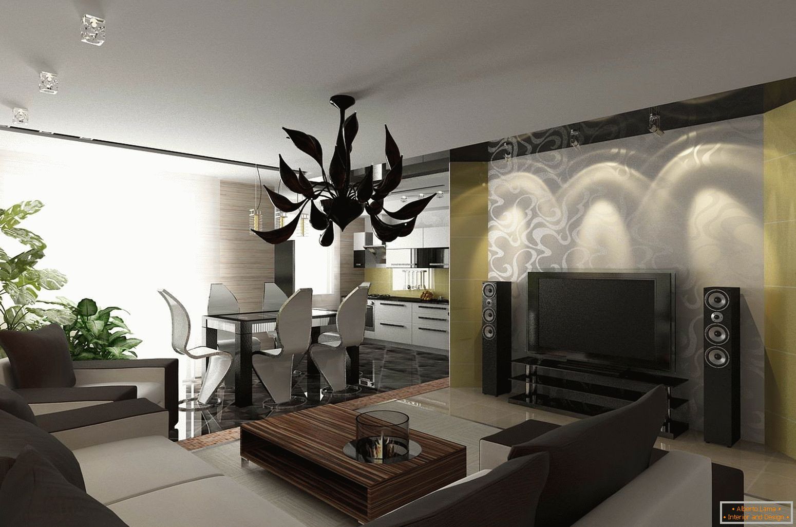 Kitchen-living room design в темных тонах