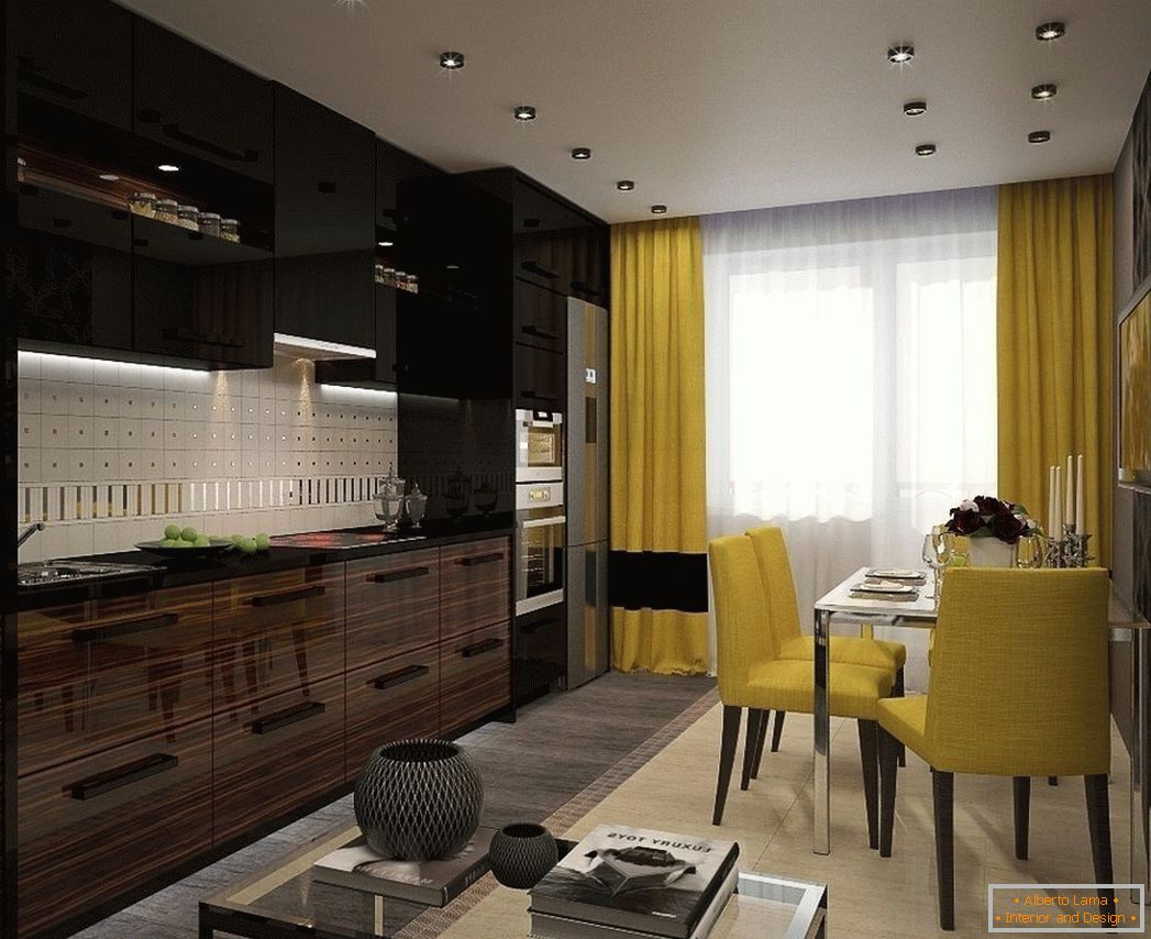 Black and yellow kitchen interior