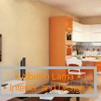 Orange kitchen furniture in the interior