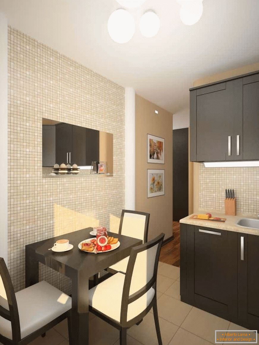 Tile in the form of a small mosaic will visually increase the area of ​​a small kitchen