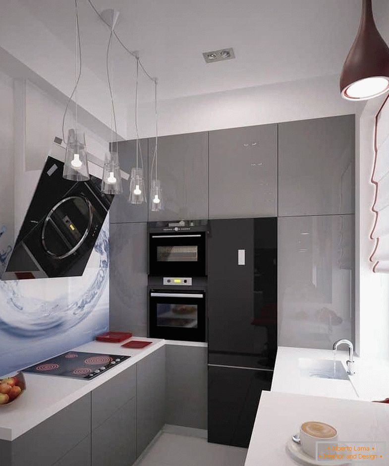One wall in the kitchen can be fully filled with cabinets with floor-to-ceiling technology