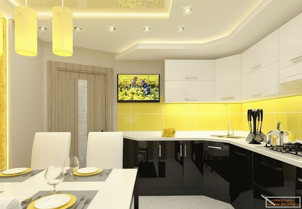 Yellow-white kitchen interior in the apartment