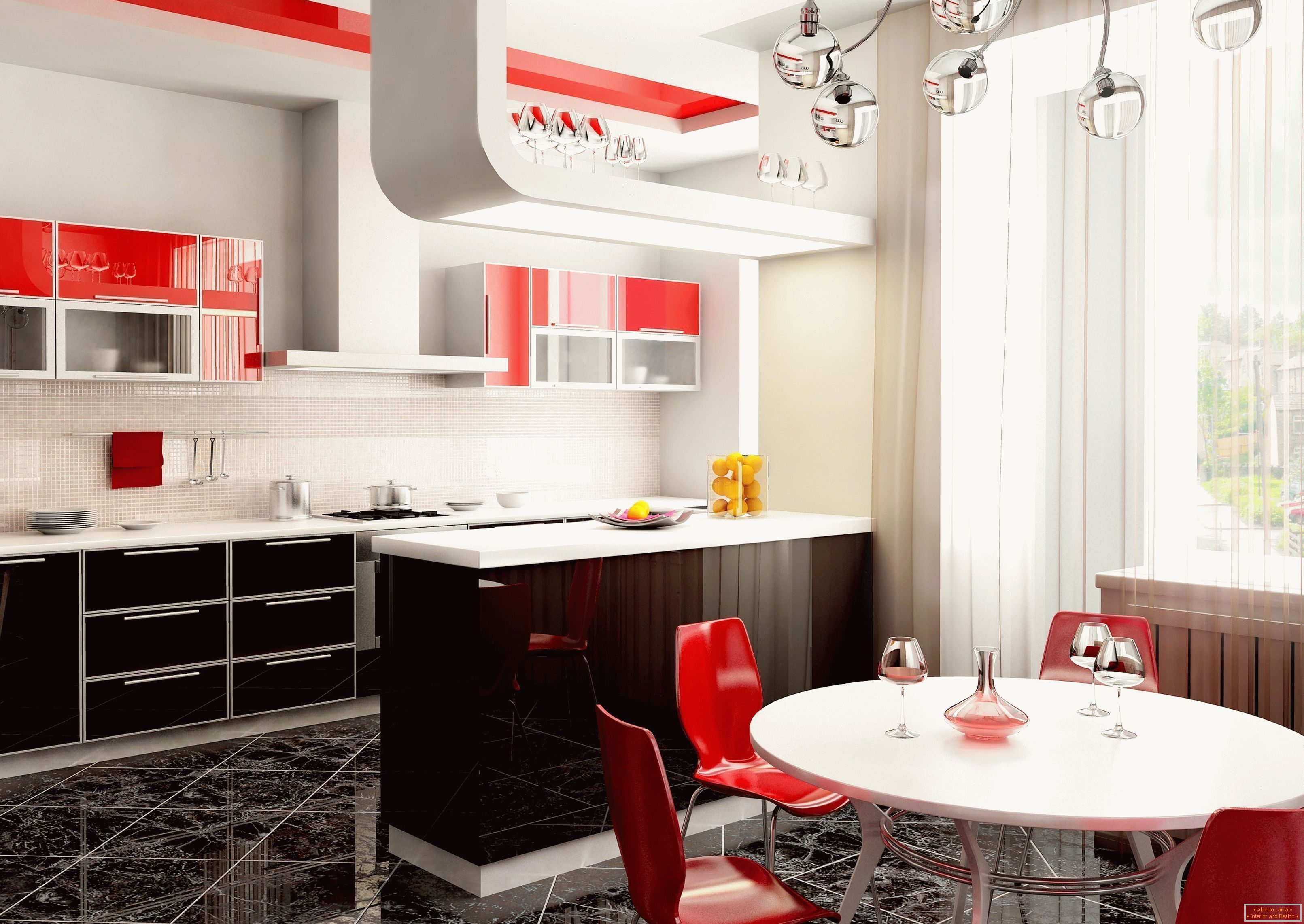 Bright interior of the kitchen in the apartment with red accents