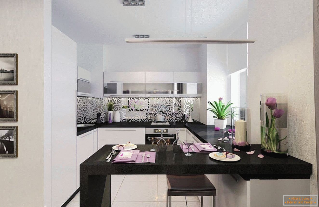 Narrow kitchen in a modern style with a black bar
