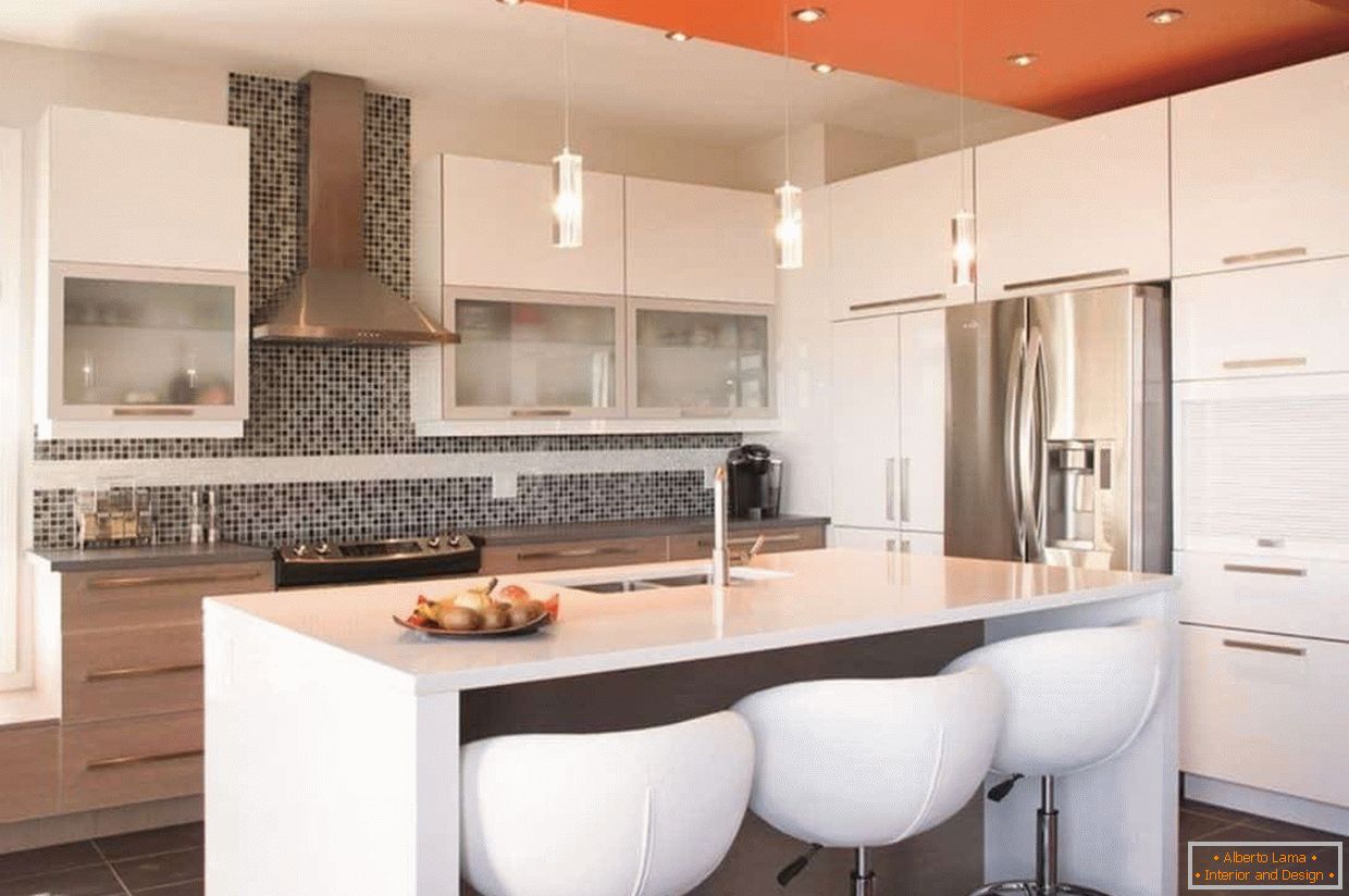 The combination of color on the ceiling in the interior of the kitchen in the style of high-tech