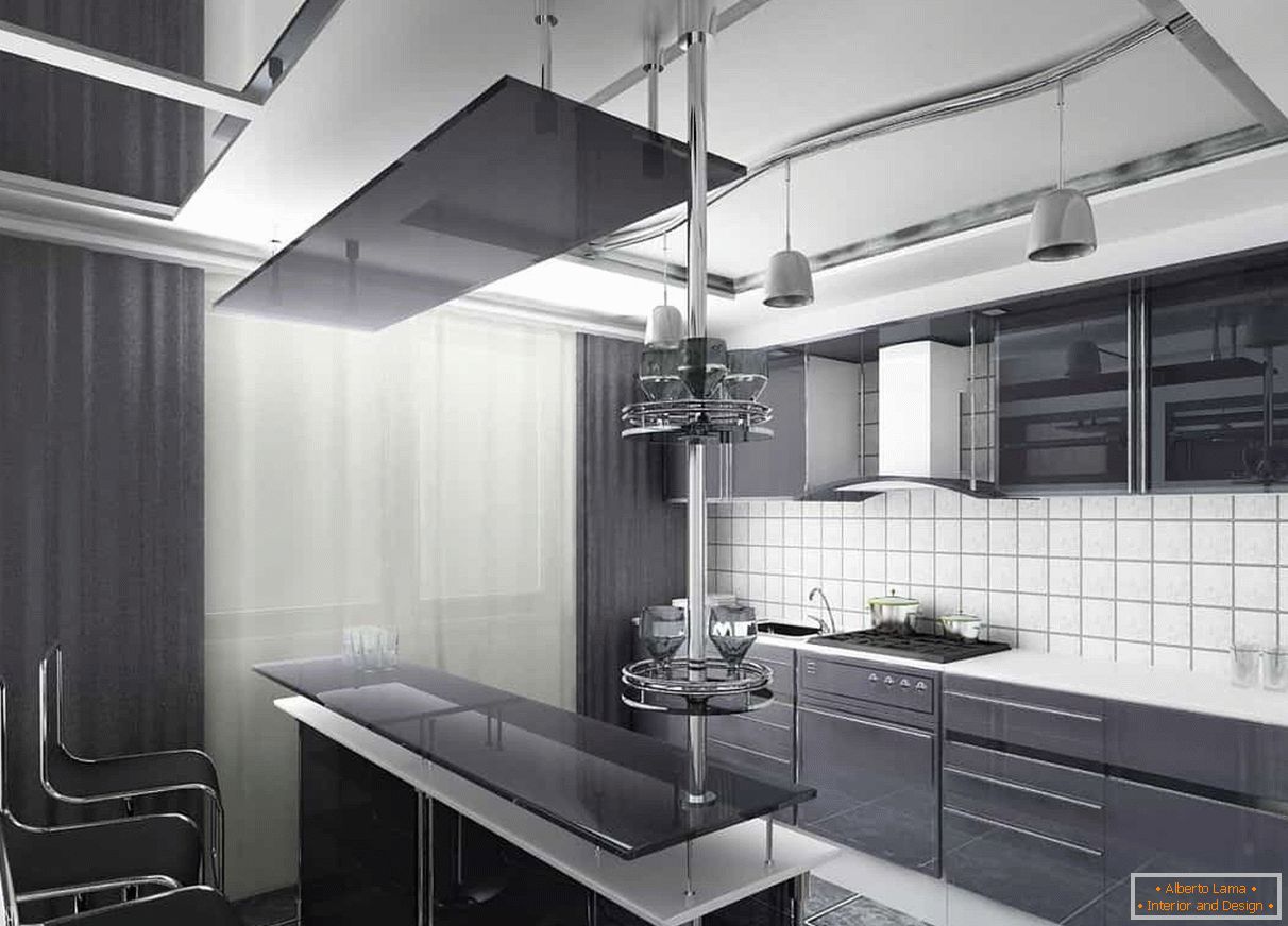 Dark curtains and a dark facade of the kitchen combined with a white apron and ceiling