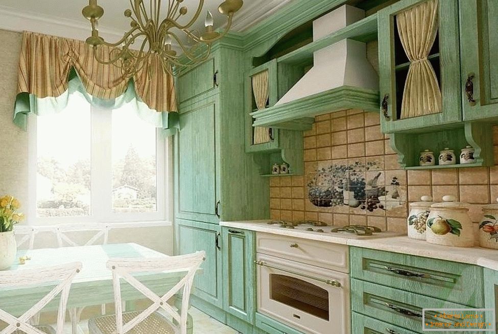 Green furniture in combination with beige curtains and tiles