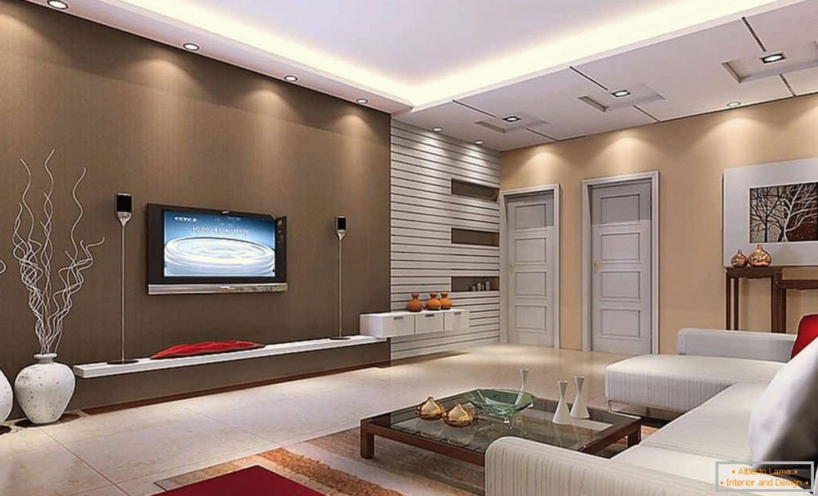 A spacious living room of a square shape in high-tech style