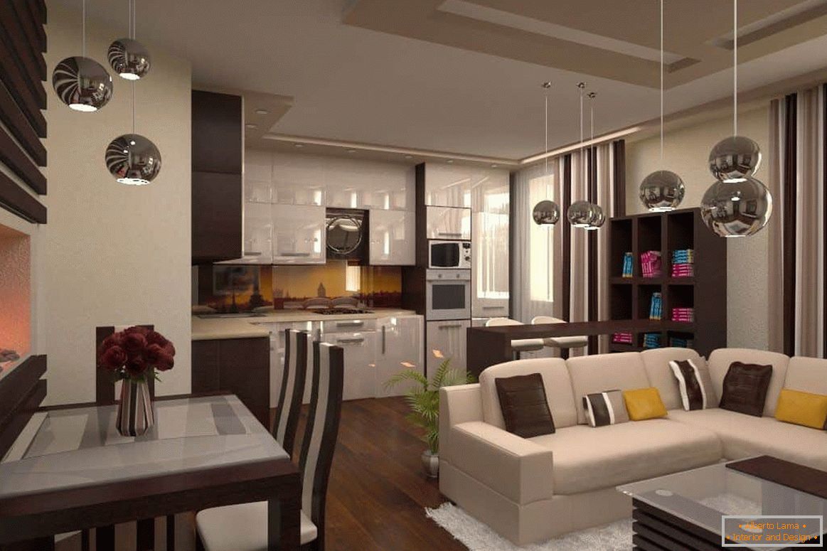 Living room with functional areas - kitchen + dining room