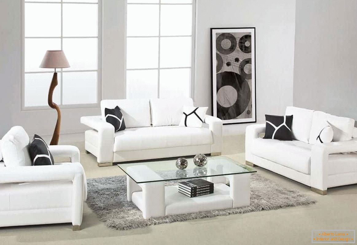 Bright square living room with white furniture