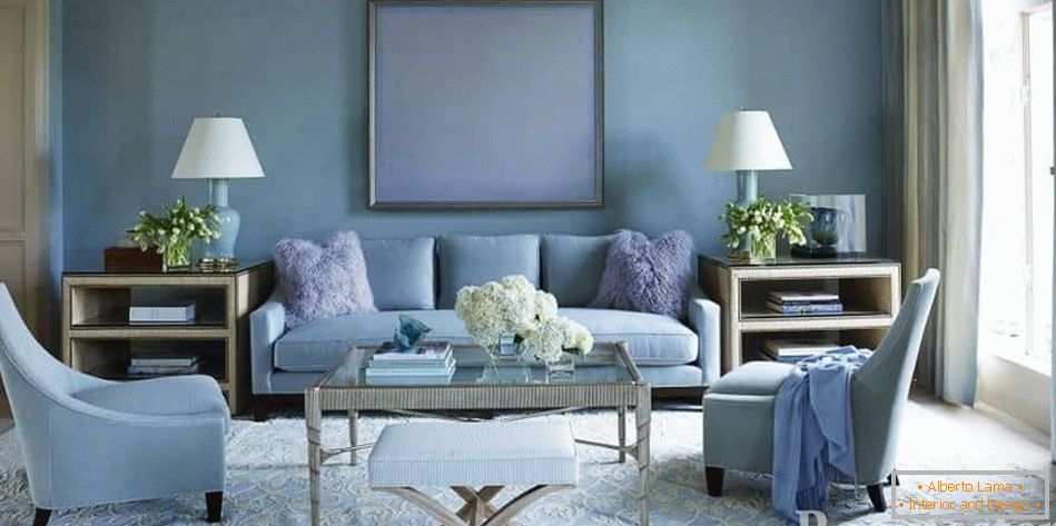 Stylish square living room in shades of blue