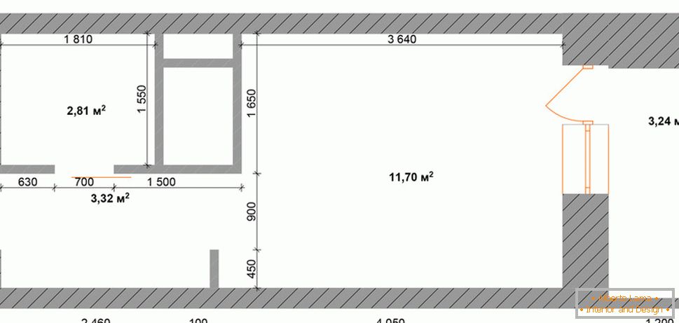 Layout of the apartment 30 square meters. m in natural colors without furniture