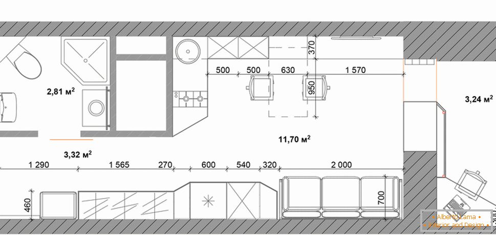 Layout of the apartment 30 square meters. m in natural colors with furniture