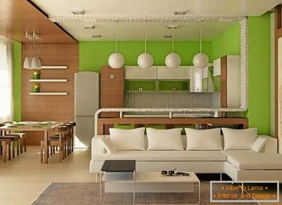 Design project of studio apartment of 25 sq m in white, green and brown tones