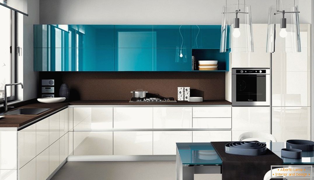 Kitchen furniture with white-turquoise facade